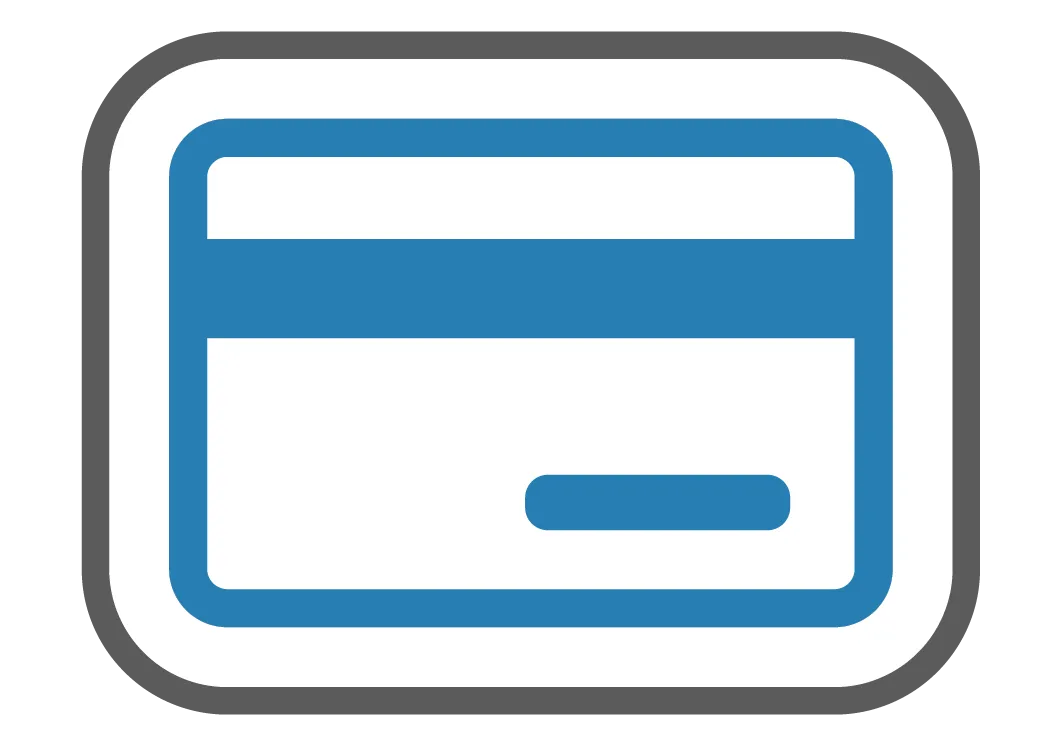 Blue credit card icon within a rounded gray outline.