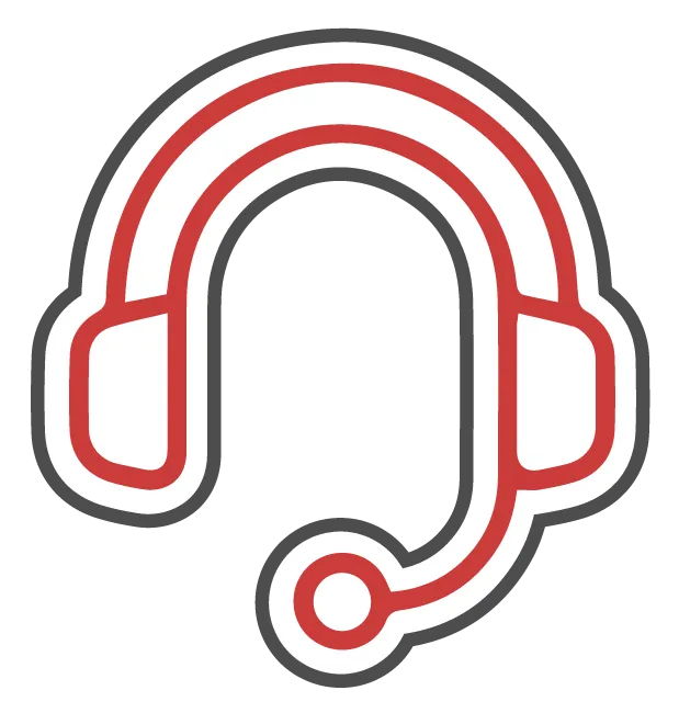 Red and white headset icon with microphone; gray outline.