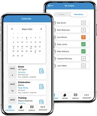 Two smartphones displaying a sports team app: calendar view and attendance tracker for 