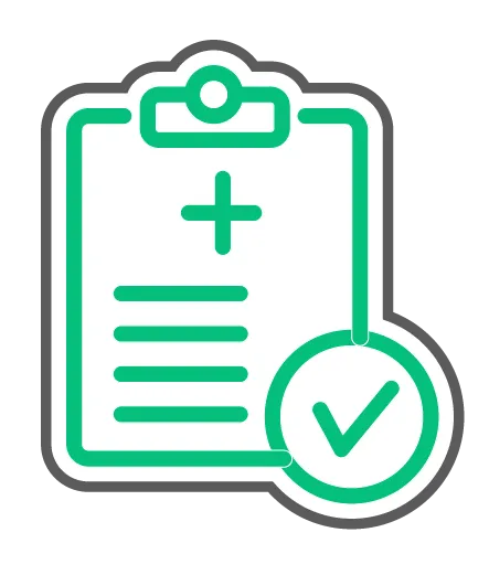 Green clipboard with plus sign and checkmark, medical record icon.