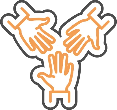 Orange hands joined together, forming a triangle, symbolizing unity and cooperation.