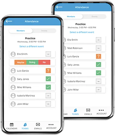 Two mobile app screens displaying member attendance for a practice event, showing 