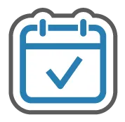 Calendar icon with a blue checkmark, indicating completion.
