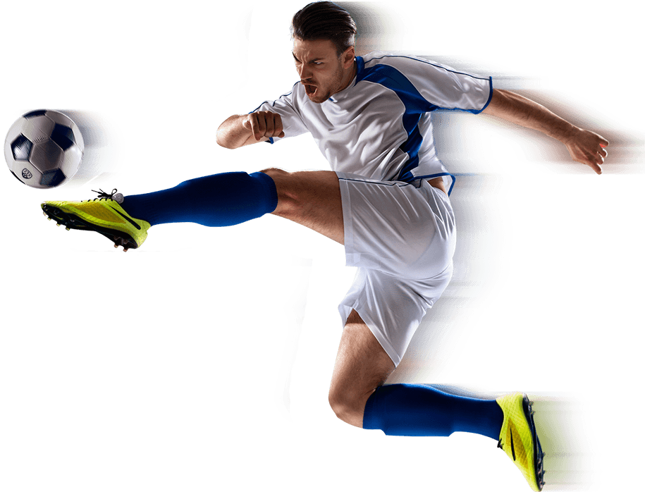 Soccer player in white and blue uniform kicking a ball.