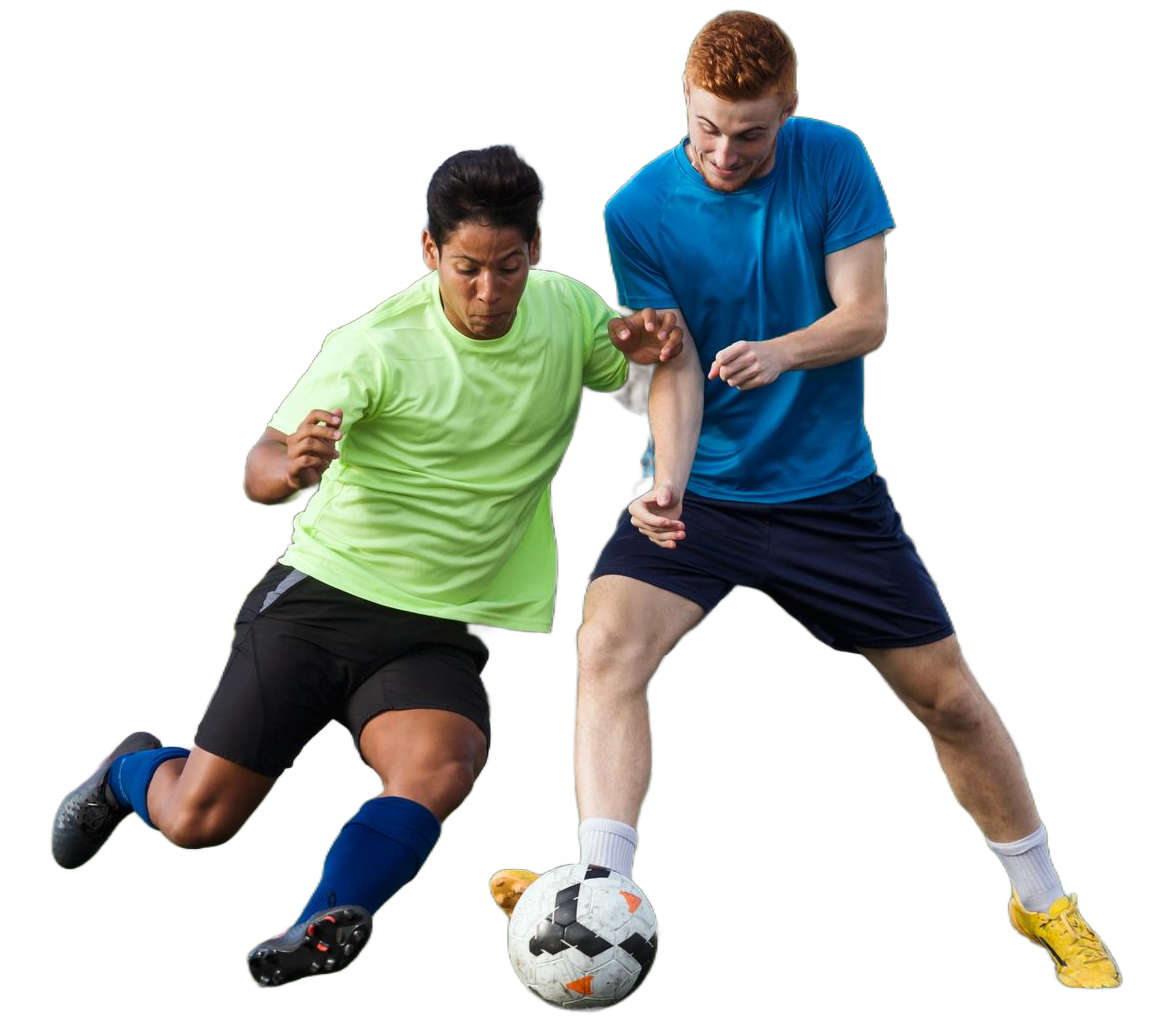Two soccer players in action; one in green shirt with ball, one in blue shirt reaching.