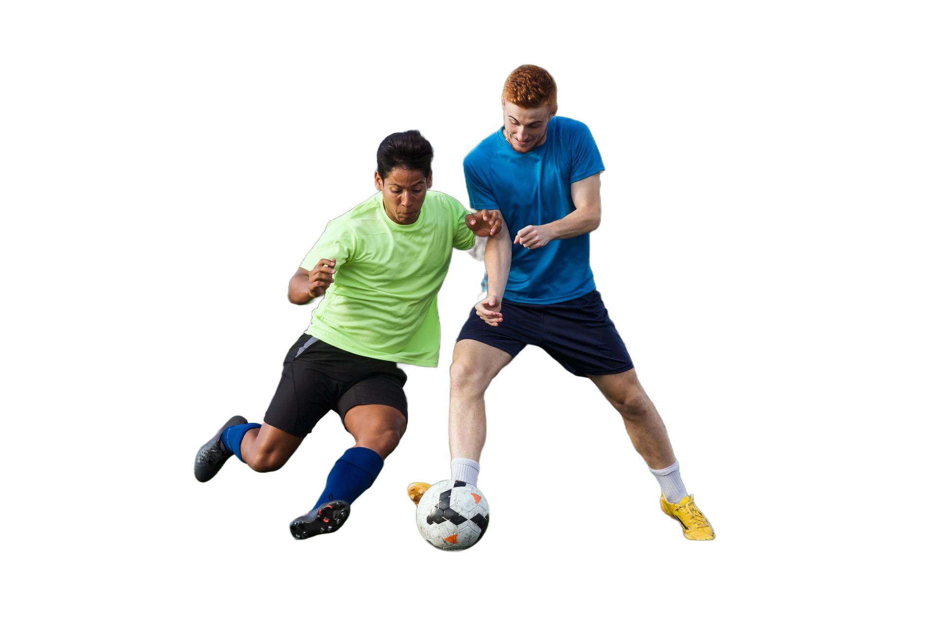 Two soccer players in action, one in green, one in blue, kicking the ball.
