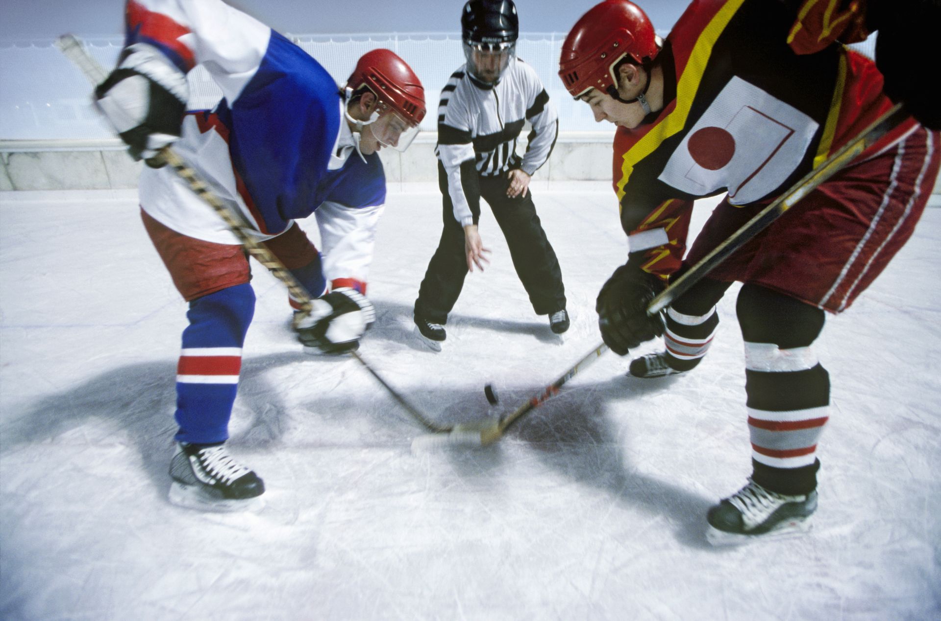 Two hockey players facing off, referee drops puck on ice.