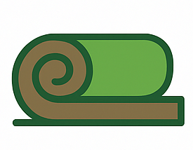A green and brown icon of a roll of grass on a white background.