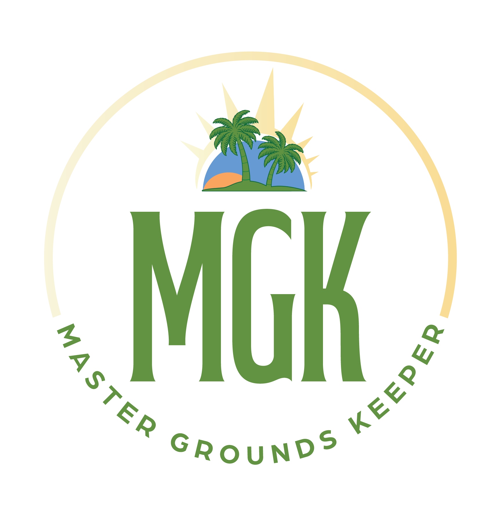 The logo for master grounds keeper shows two palm trees on a tropical island.