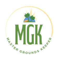 The logo for master grounds keeper shows two palm trees on a tropical island.