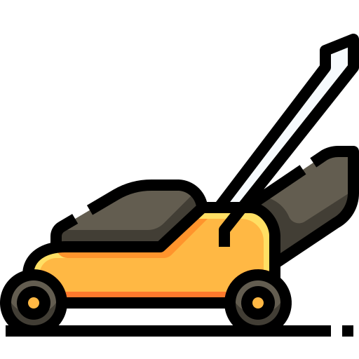 A yellow lawn mower with a black handle on a white background.