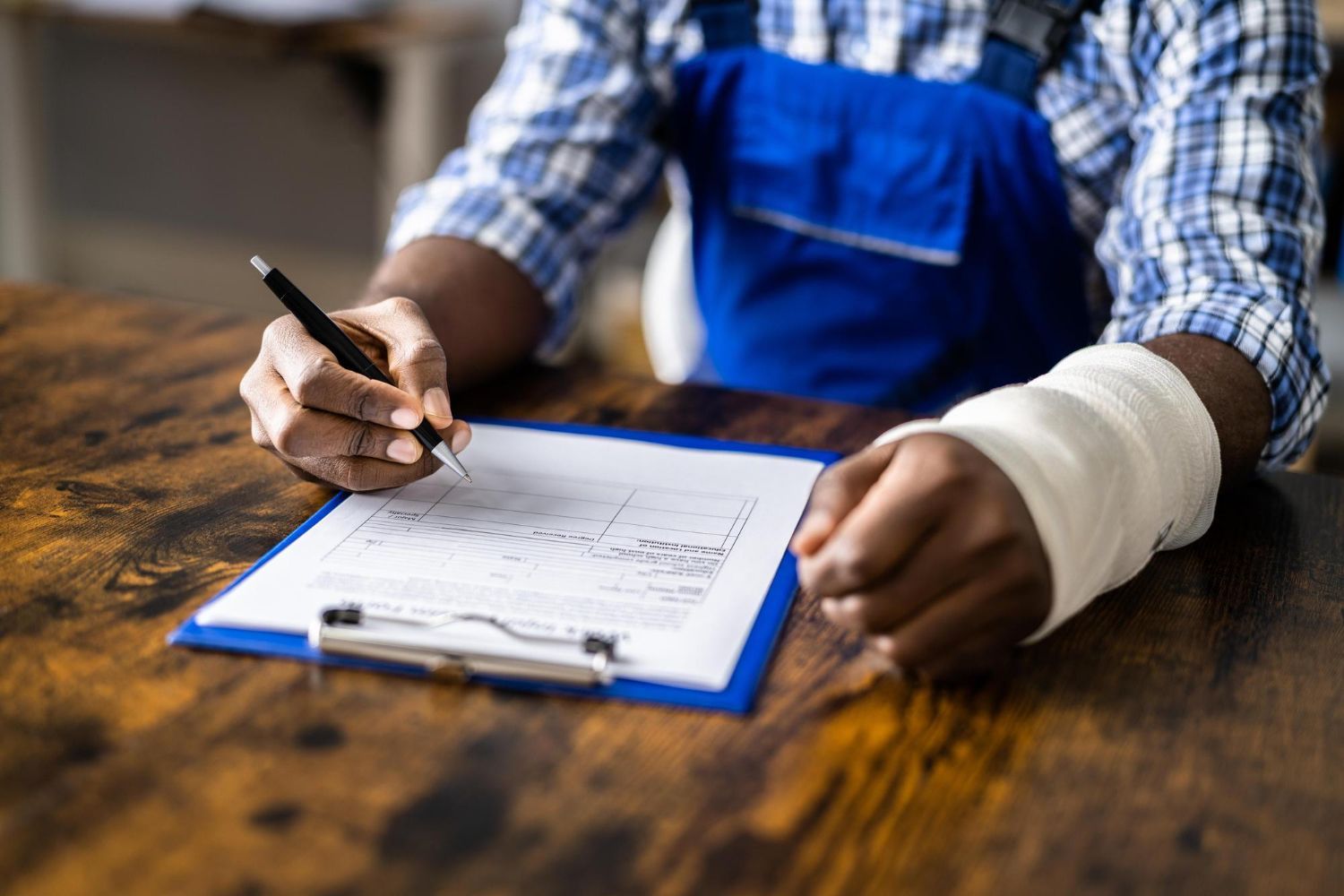 Person with a bandaged wrist filling out a form on a clipboard.