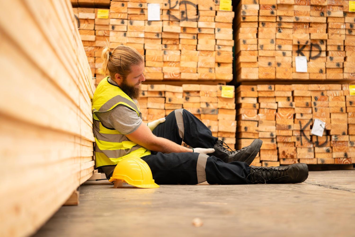 Worker injured, holding ankle, sitting against stacked lumber. Wearing a safety vest, helmet nearby.