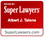 A red sign that says rated by super lawyers albert j. talone