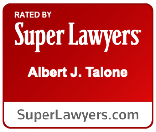 A red sign that says rated by super lawyers albert j. talone