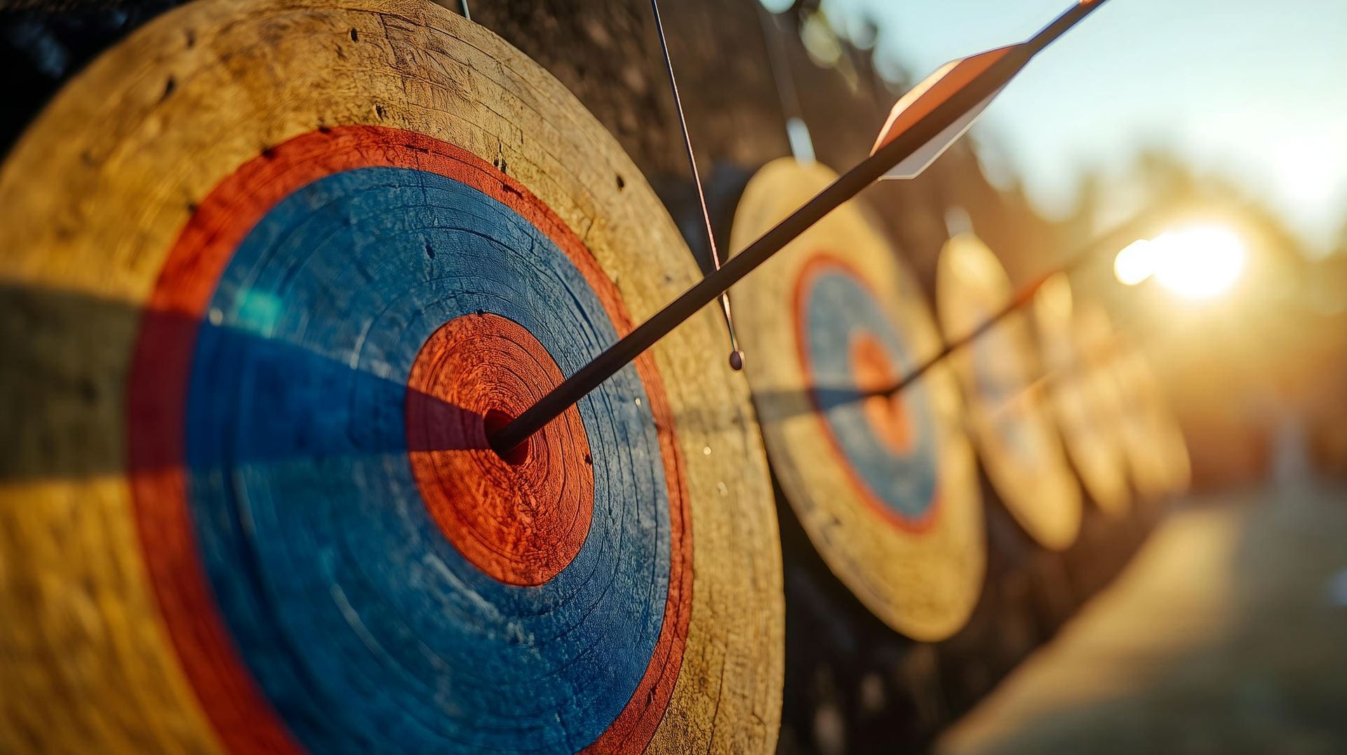 Archery targets with arrows, sun setting in the background.