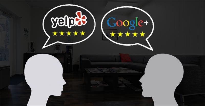 Two heads with yelp and google speech bubbles above them