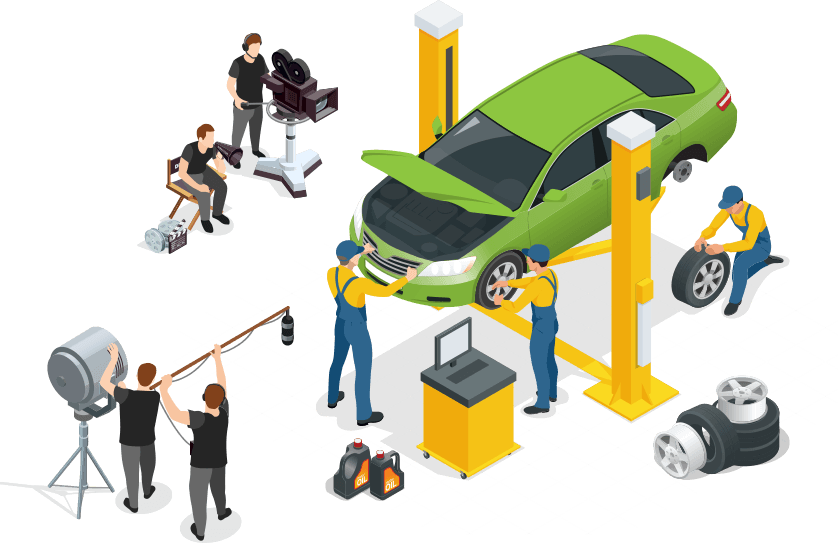 A group of people are working on a green car in a garage.