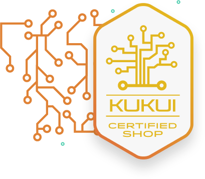 A kukui certified shop logo with a circuit board in the background