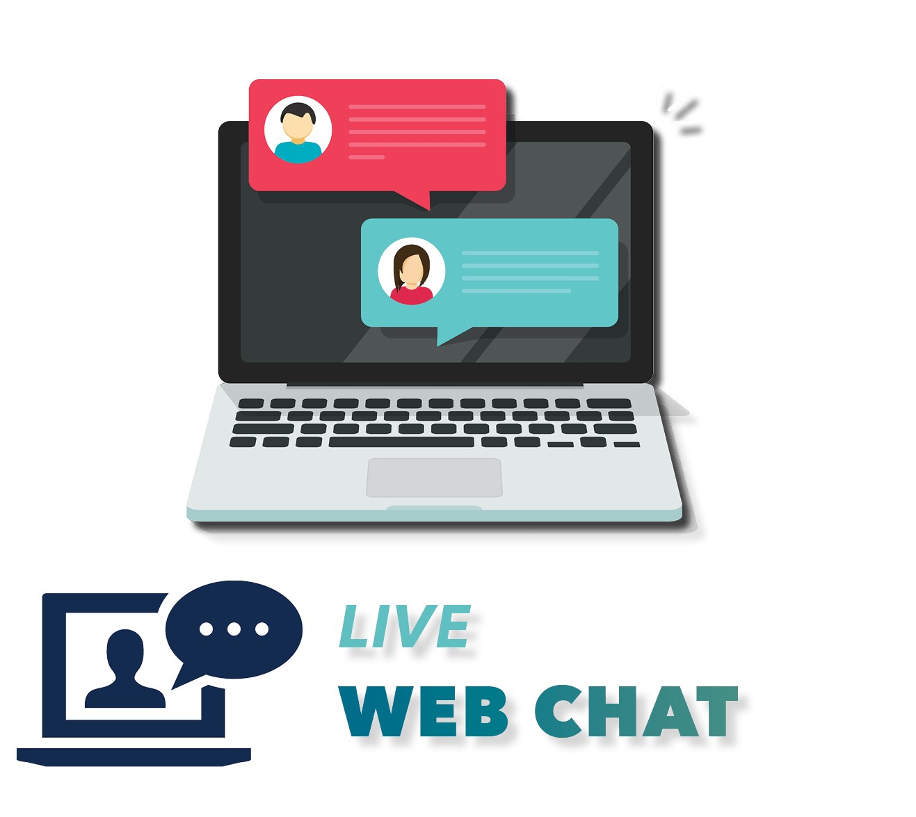 An illustration of a laptop with speech bubbles and the words live web chat.