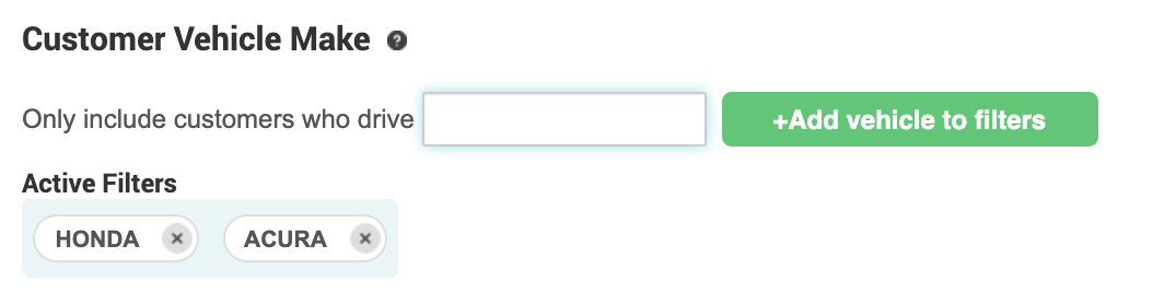 A screenshot of a customer vehicle make page with a green add vehicle to filters button.