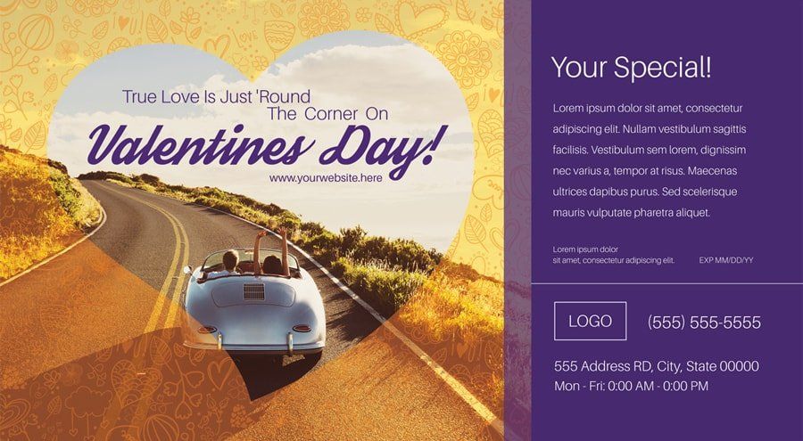 A car is driving down a road on valentine 's day.