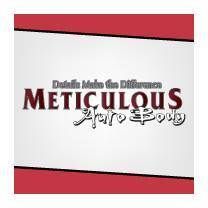 Logo for "Meticulous Auto Body," with text over a gray and red background.