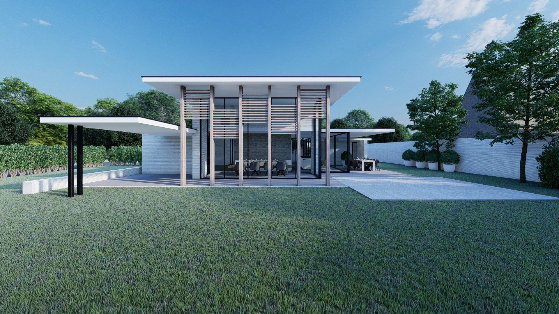 Een artist's impression van een modern huis met een groot grasveld ervoor.
