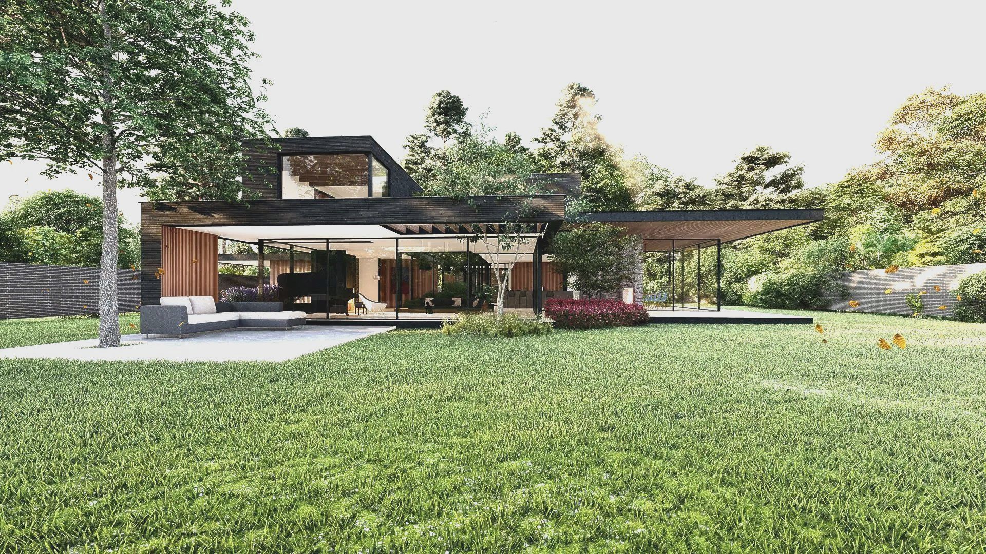 Een modern huis met een groot grasveld ervoor omgeven door bomen.