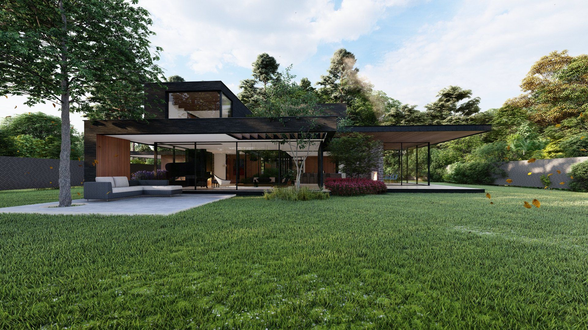 Een modern huis met een groot grasveld ervoor omgeven door bomen.