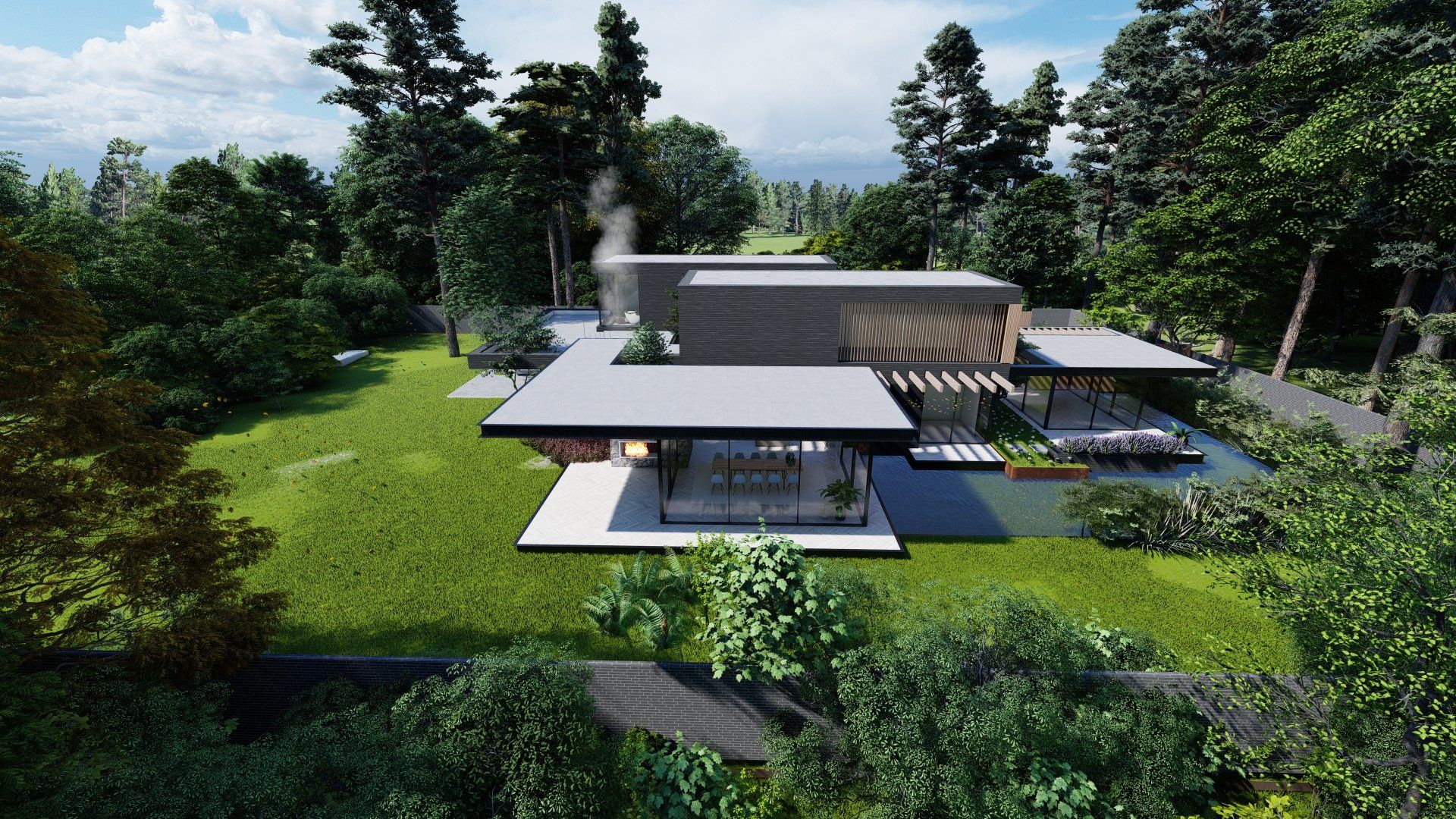 Een luchtfoto van een modern huis midden in een bos.