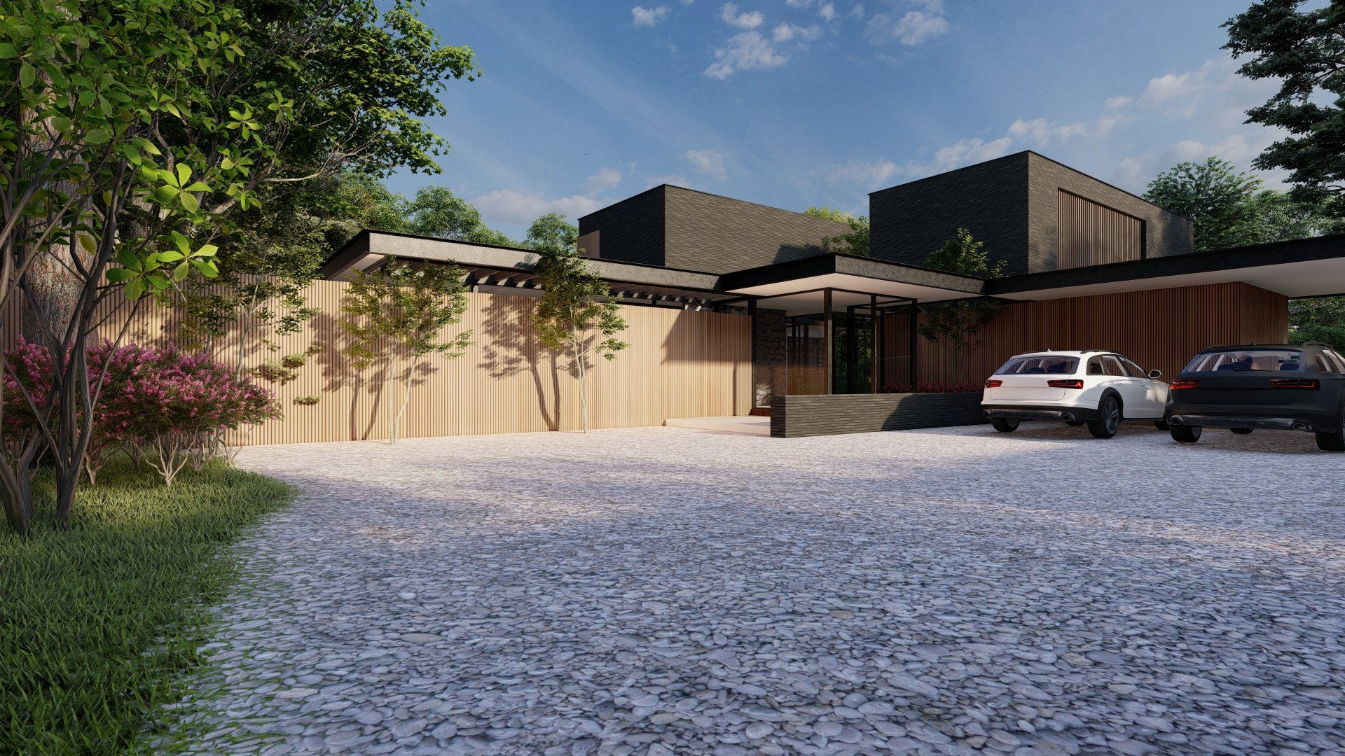 Een auto staat geparkeerd voor een modern huis.