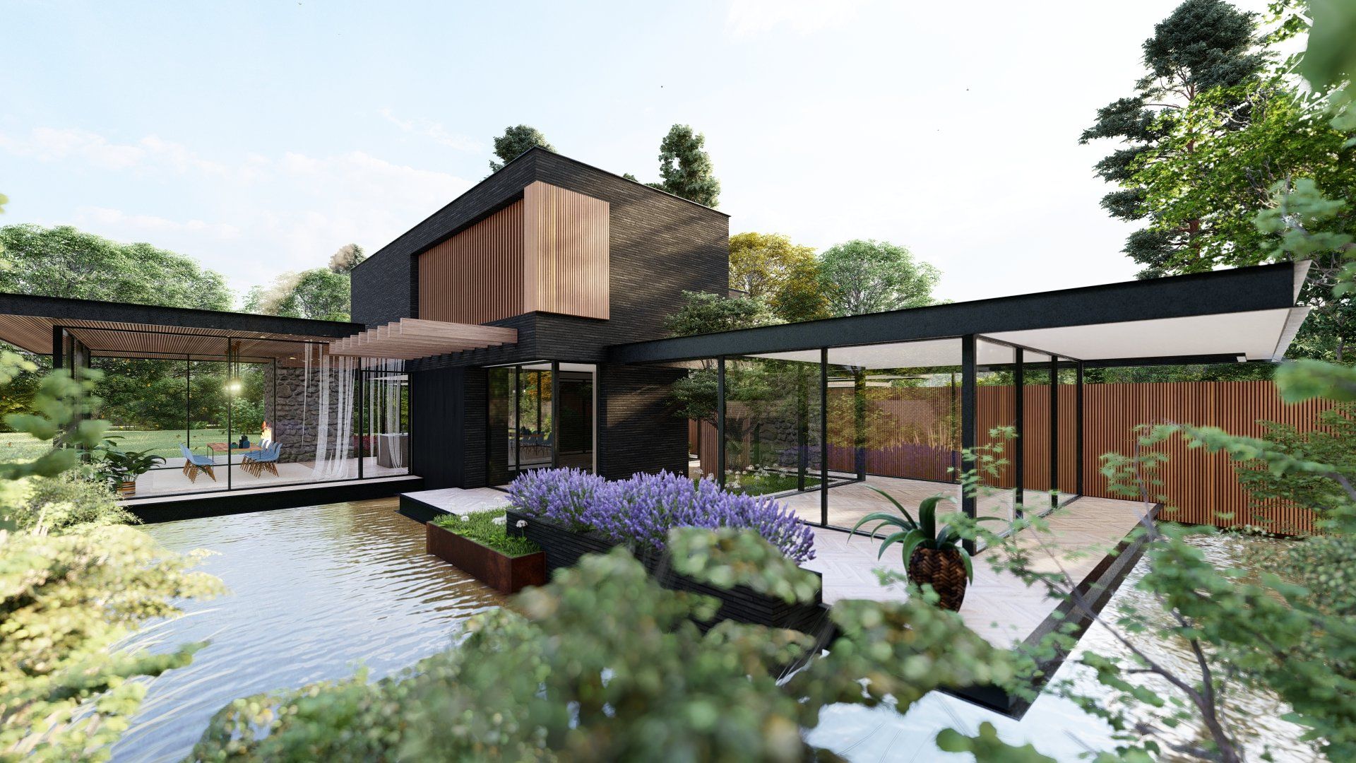 Een artist's impression van een modern huis met een vijver ervoor.