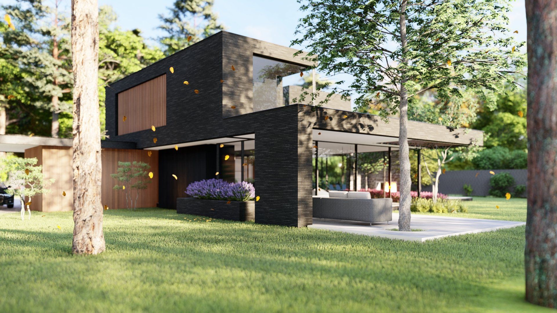 Een modern huis is omgeven door bomen en gras midden in een bos.