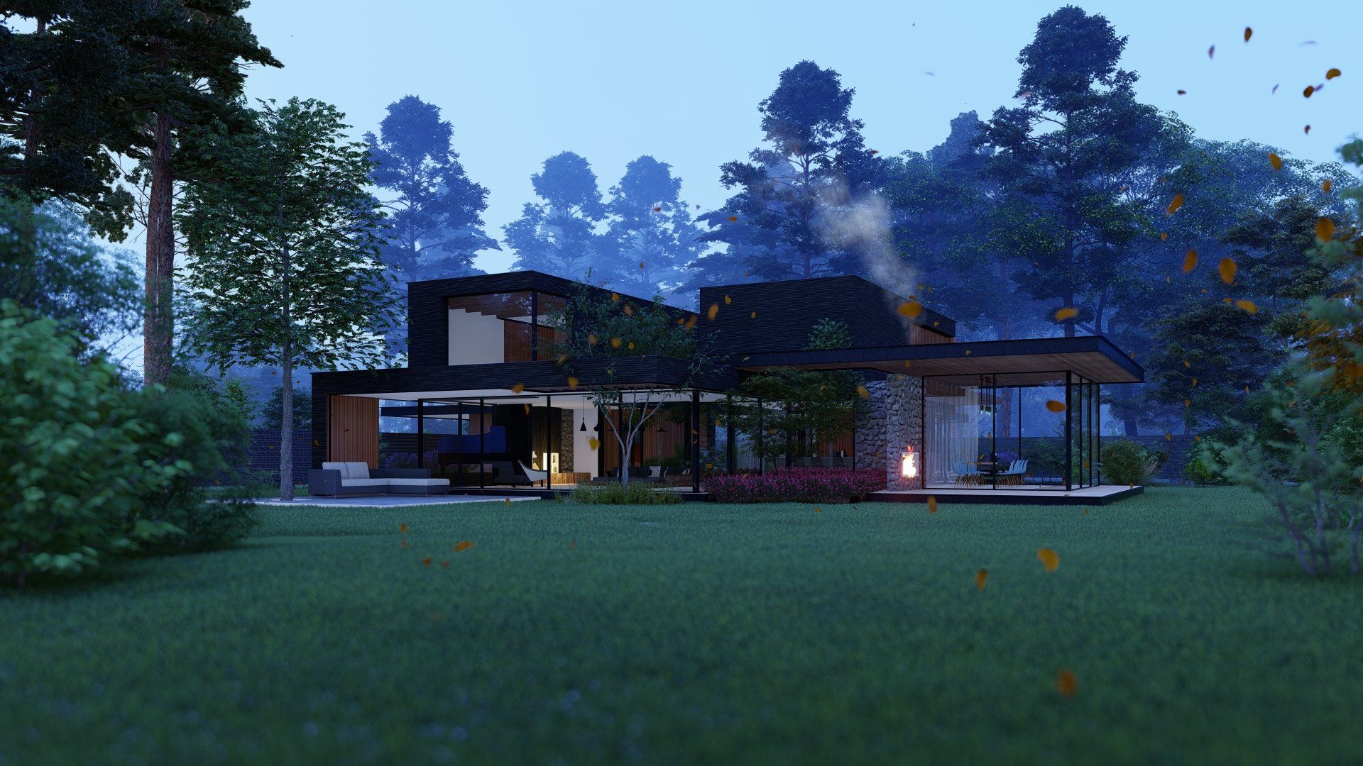 Een 3D-weergave van een modern huis midden in een bos 's nachts.