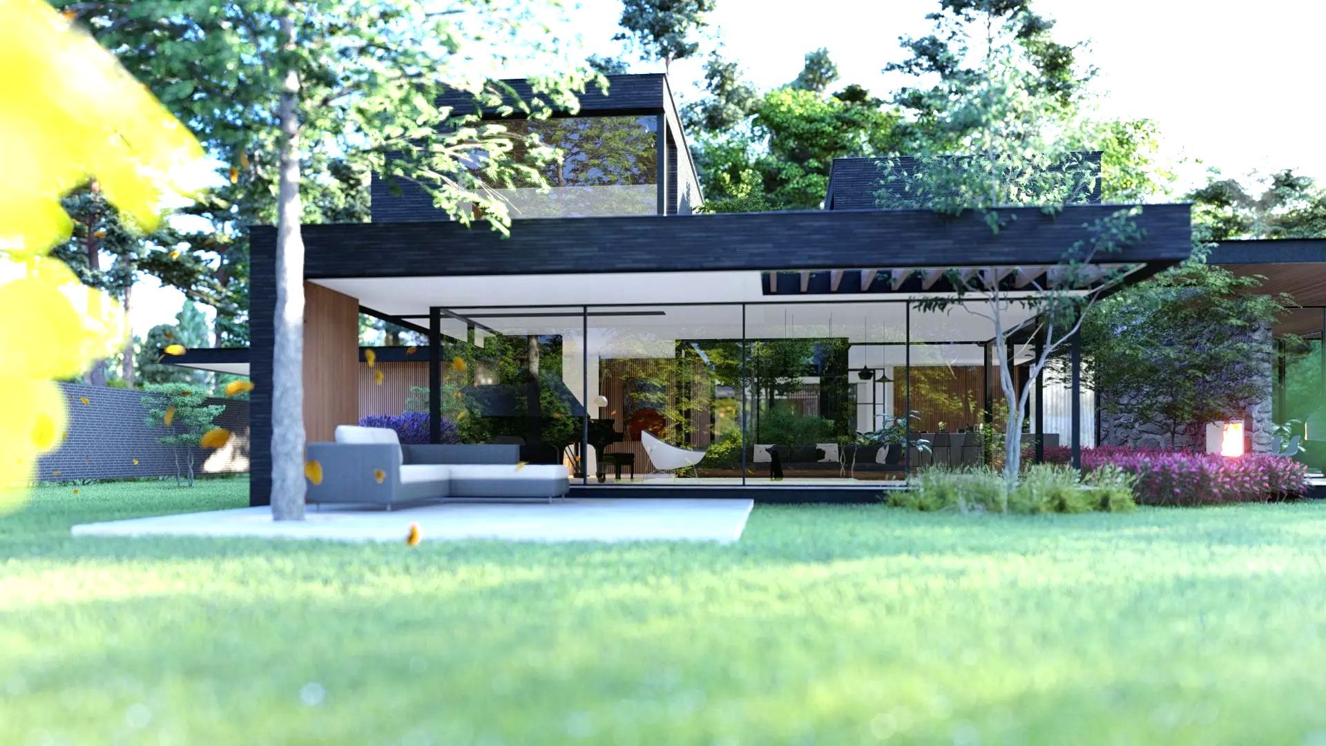 Een modern huis met veel ramen is omgeven door bomen en gras.