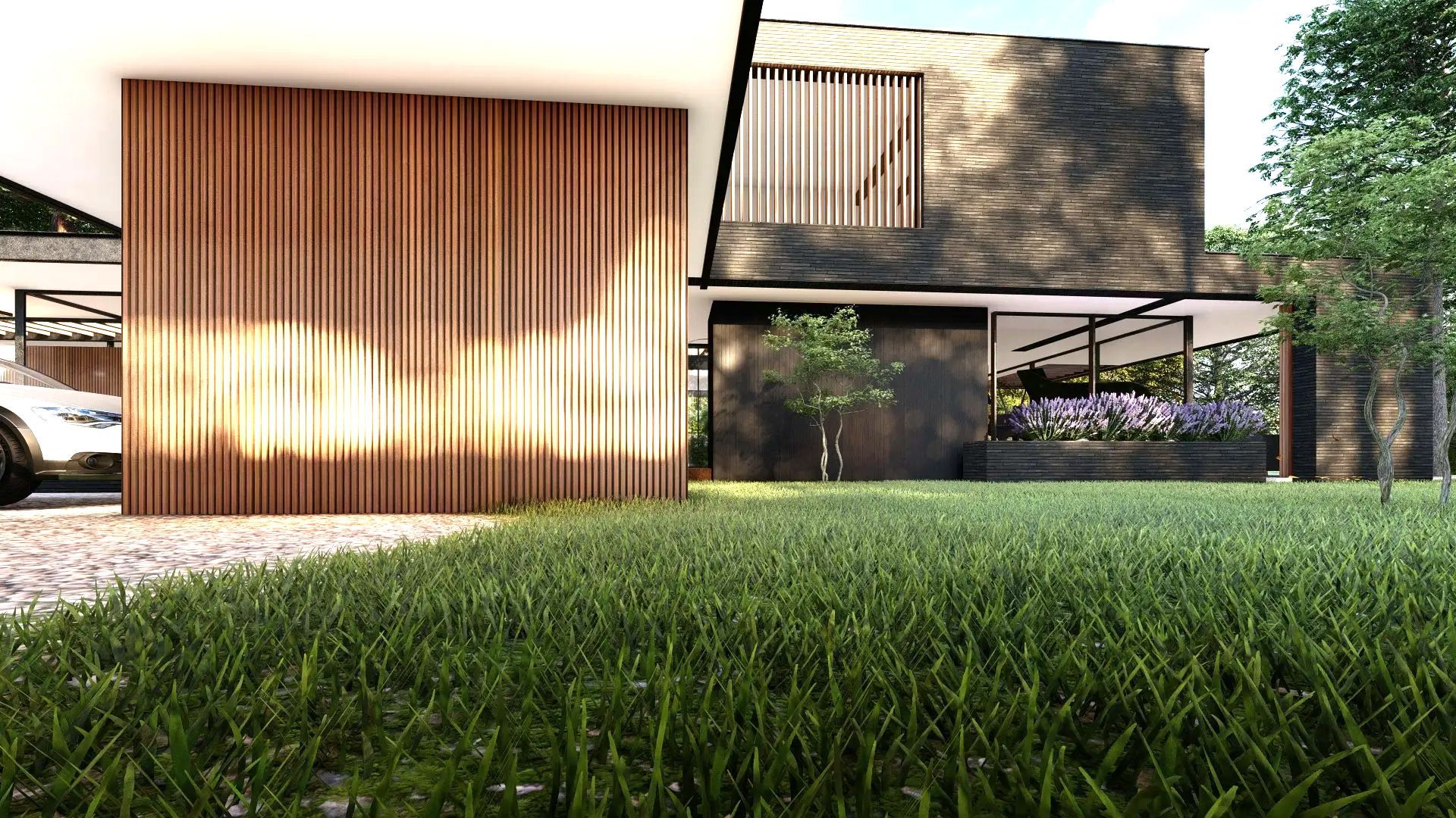 Een artist's impression van een modern huis met een auto ervoor geparkeerd.