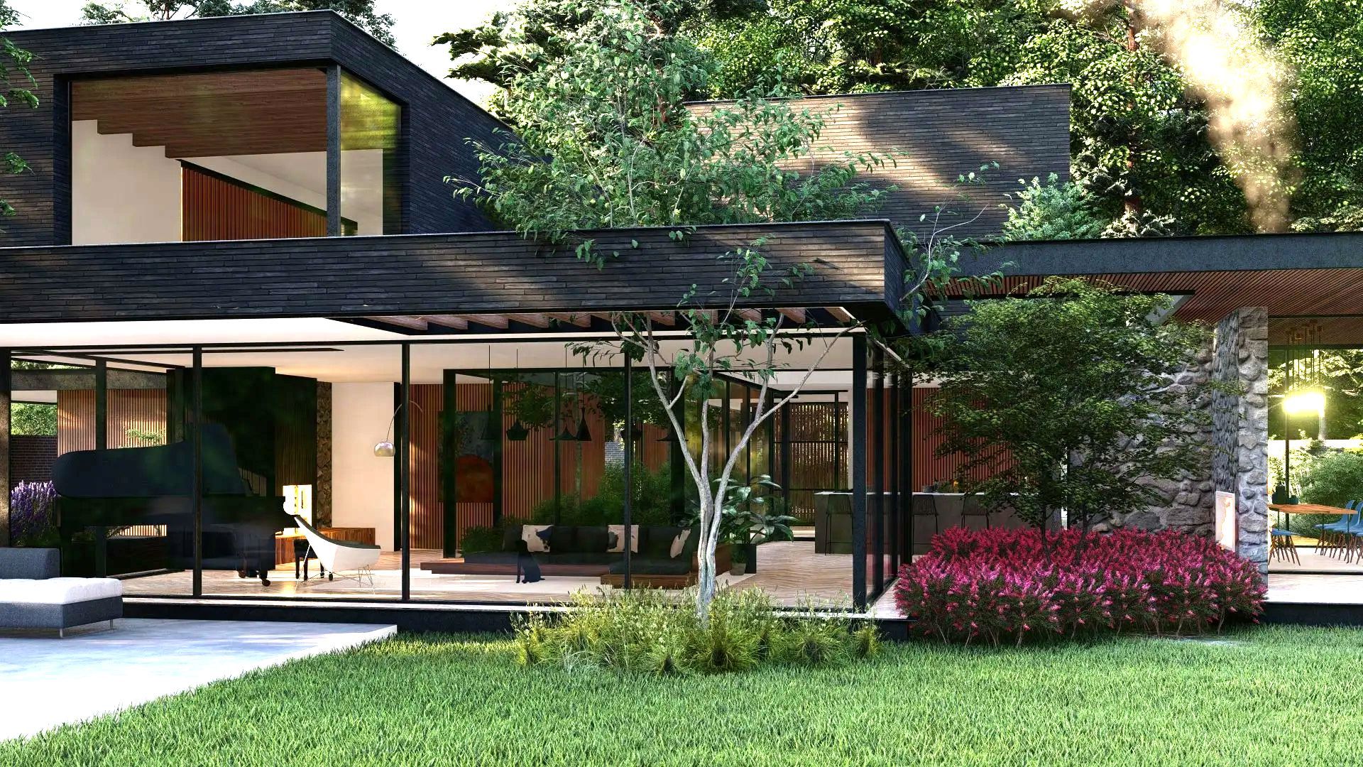 Een modern huis met een groot grasveld ervoor omgeven door bomen.