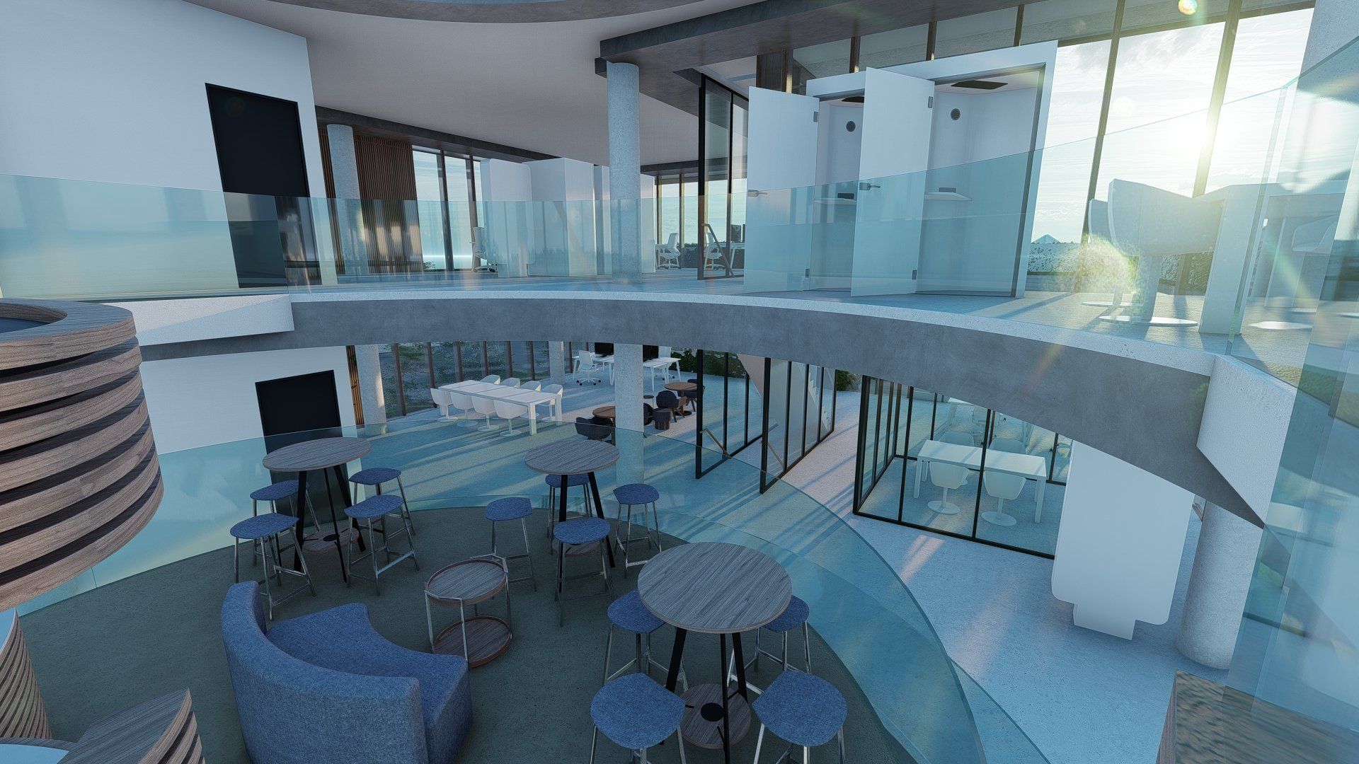 Een computergegenereerde afbeelding van een modern gebouw met tafels en stoelen.