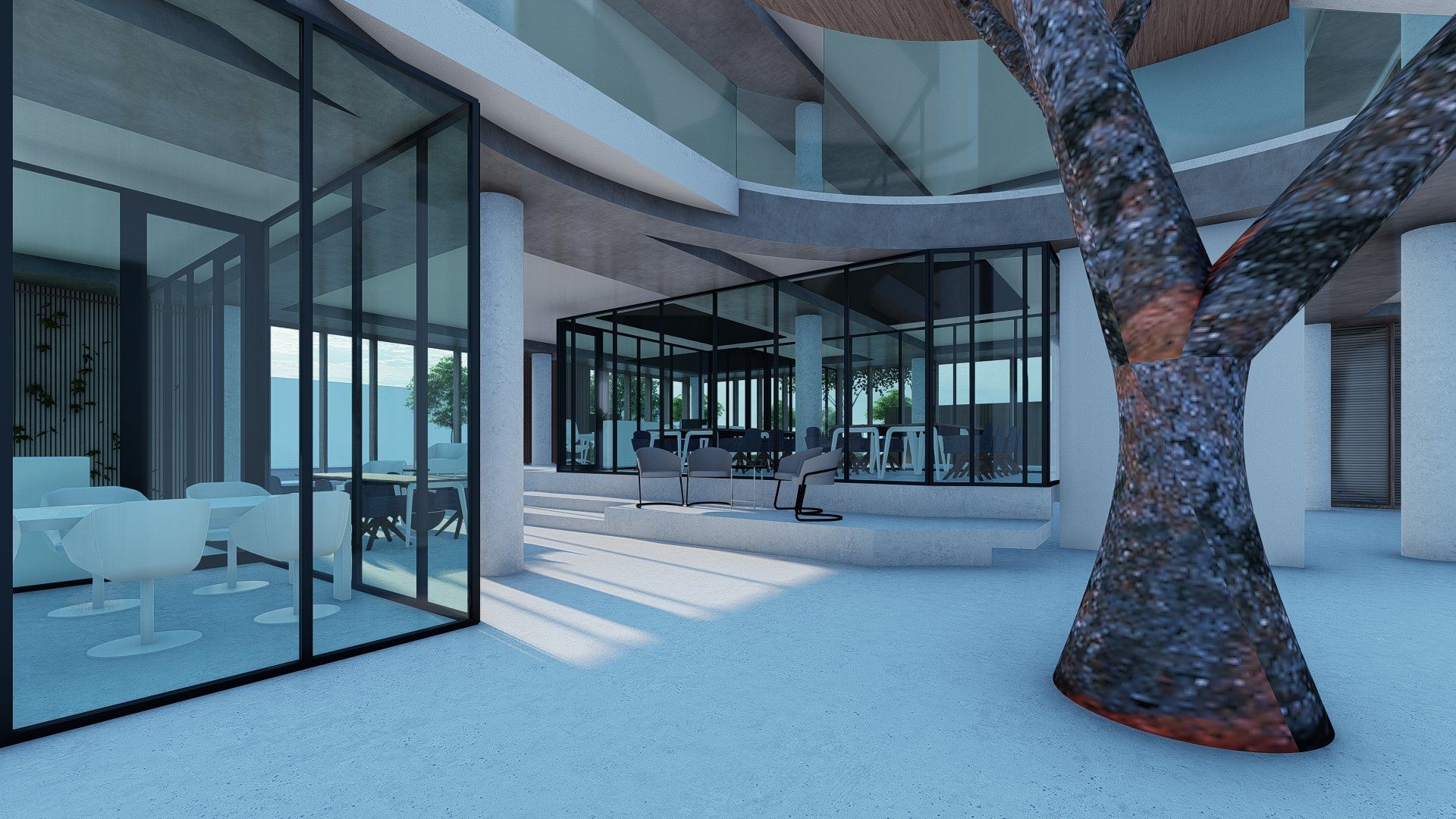 Een 3D-weergave van een modern gebouw met een boom in het midden.