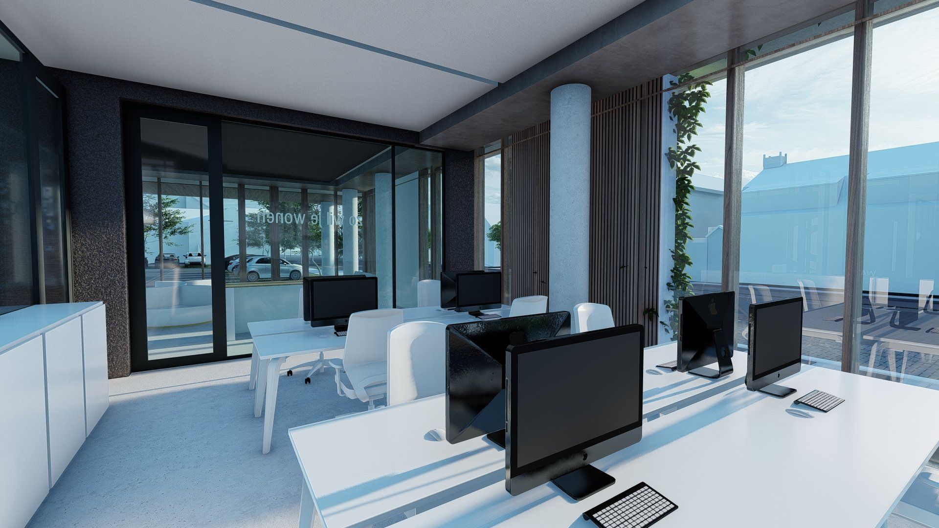 Een artist's impression van een kantoor met veel ramen en computers.