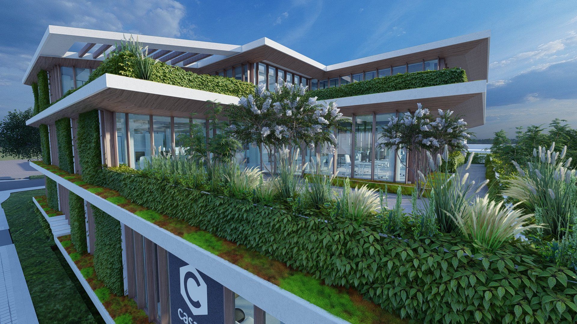 Een artist's impression van een modern gebouw met een groendak.