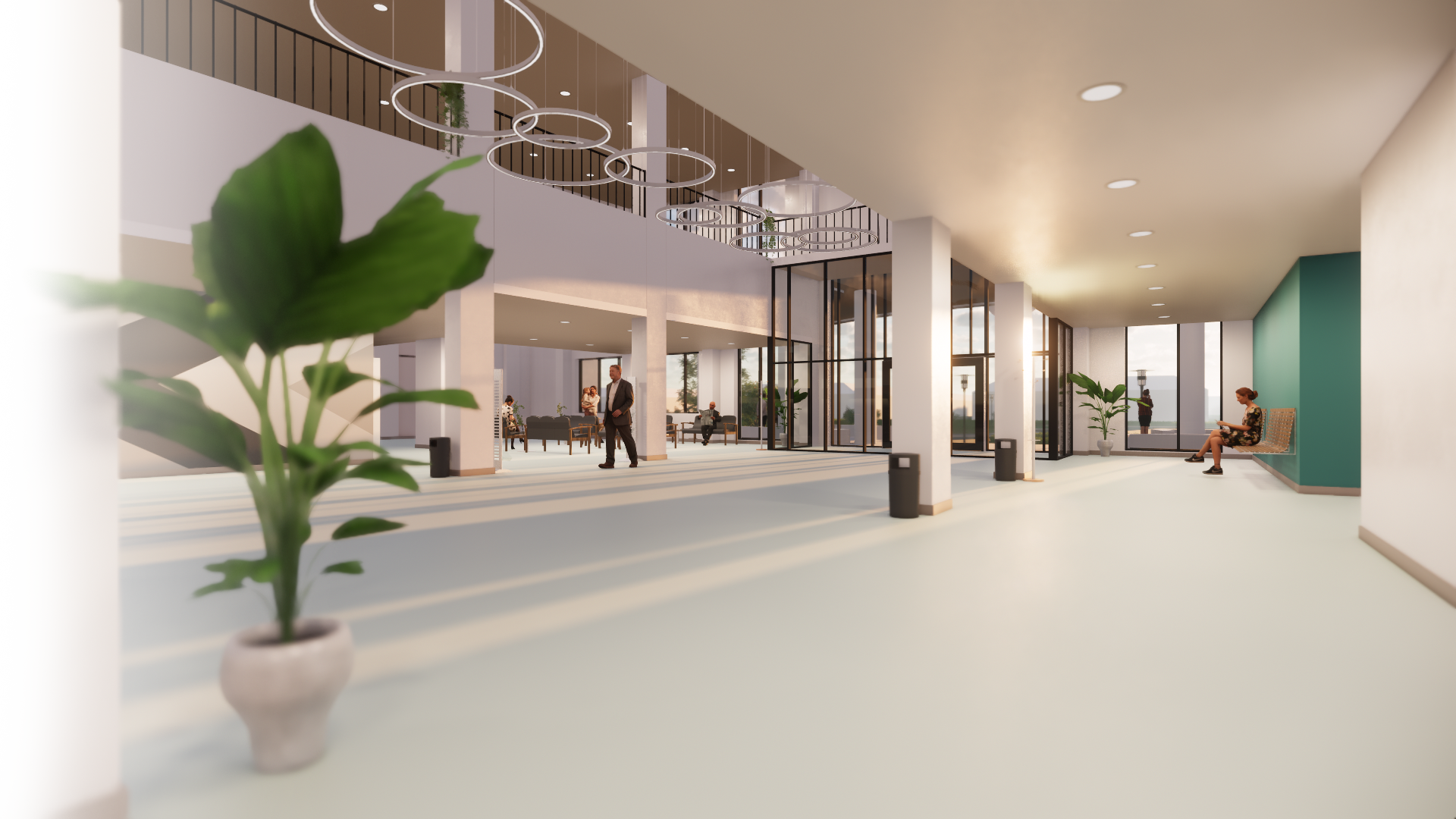 Een artist's impression van een lobby met in het midden een plant.
