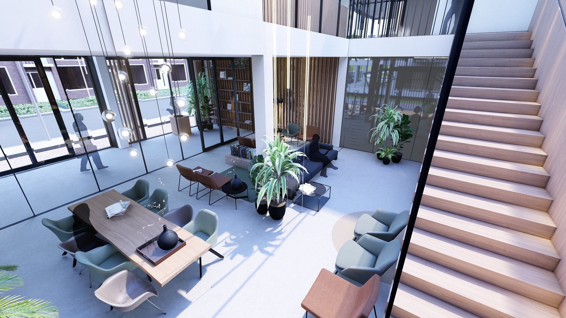 Een luchtfoto van een woonkamer met een tafel en stoelen en een trap.