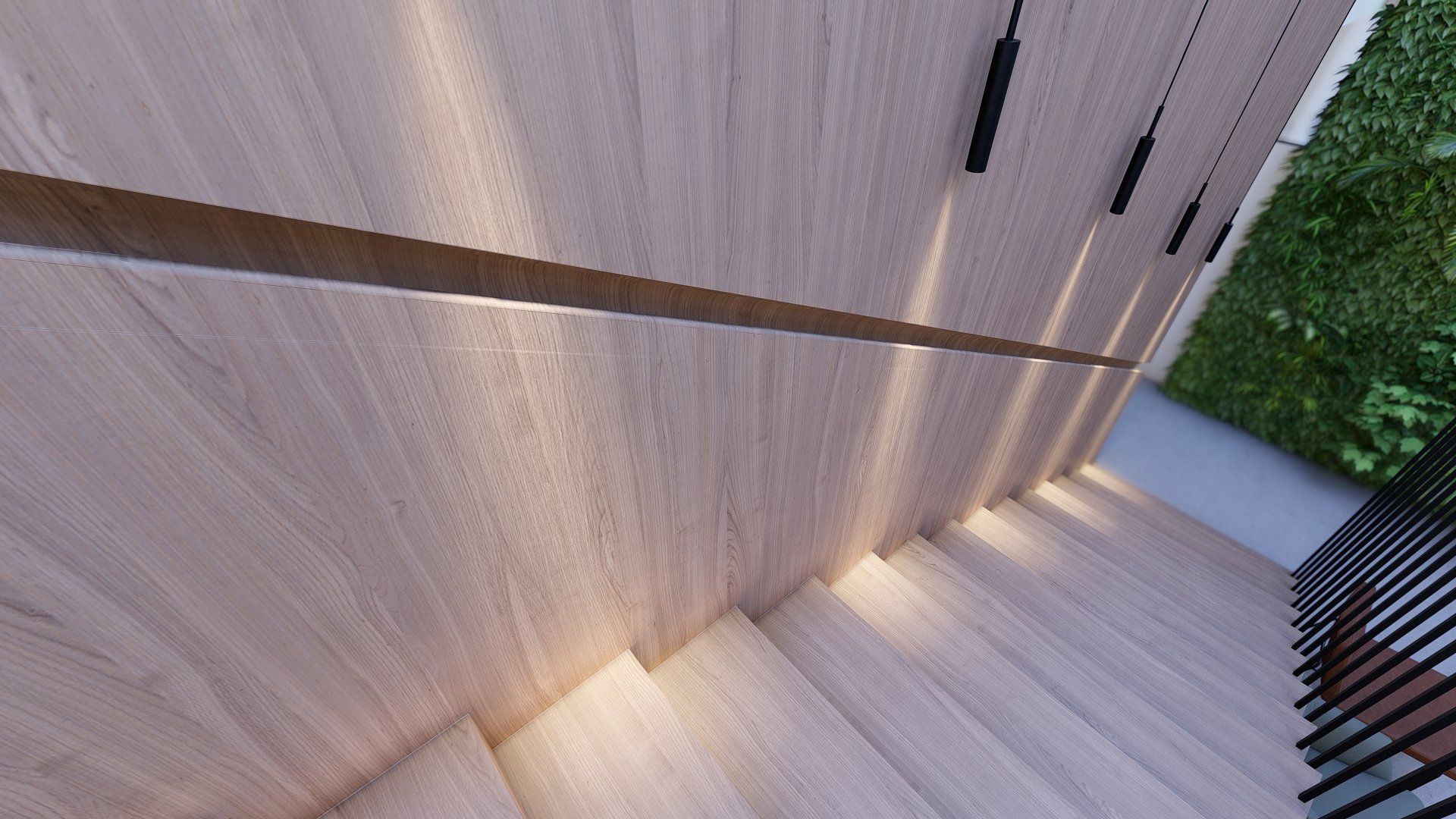 Een trap met een houten wand en verlichting op de treden.