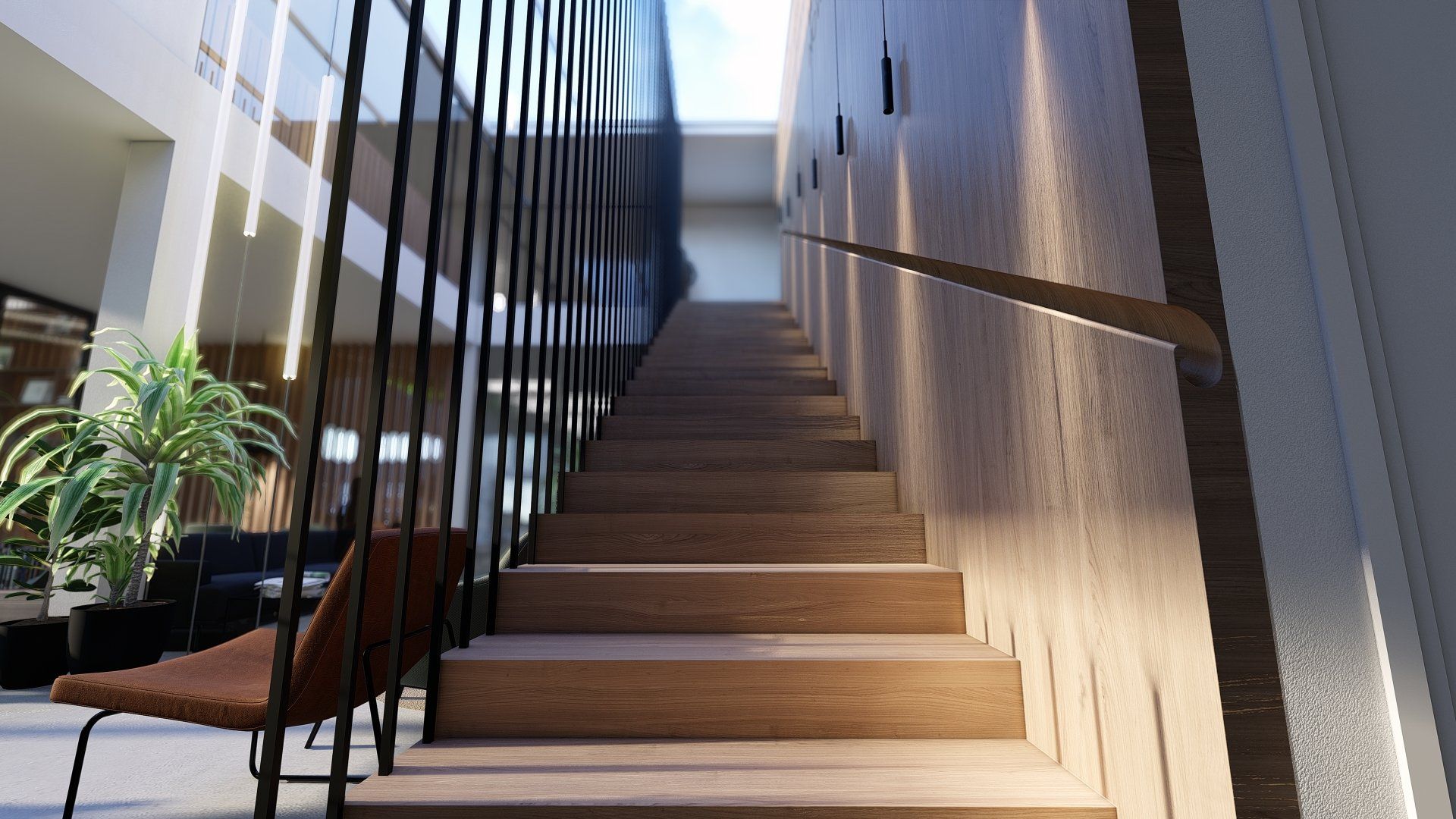 Een houten trap die naar de tweede verdieping van een gebouw leidt.