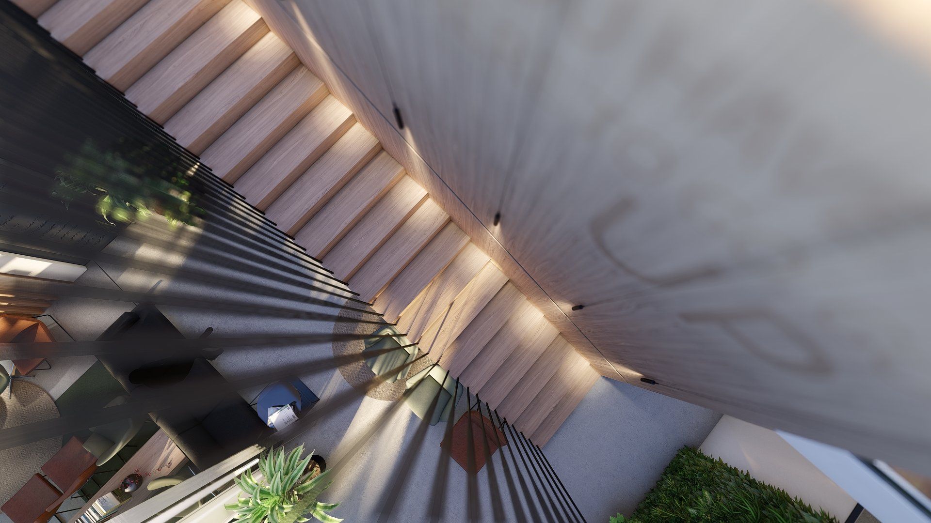 Een luchtfoto van een trap in een gebouw