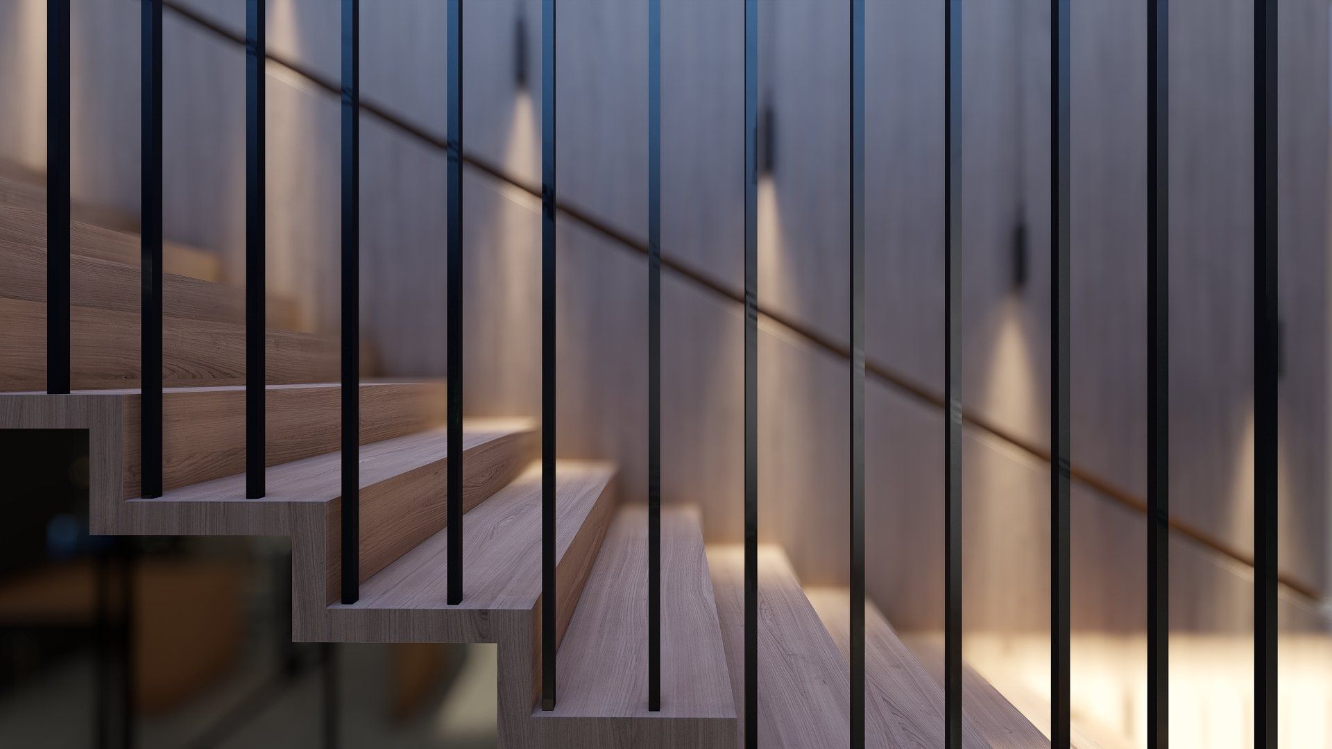 Een close-up van een houten trap met een metalen leuning.