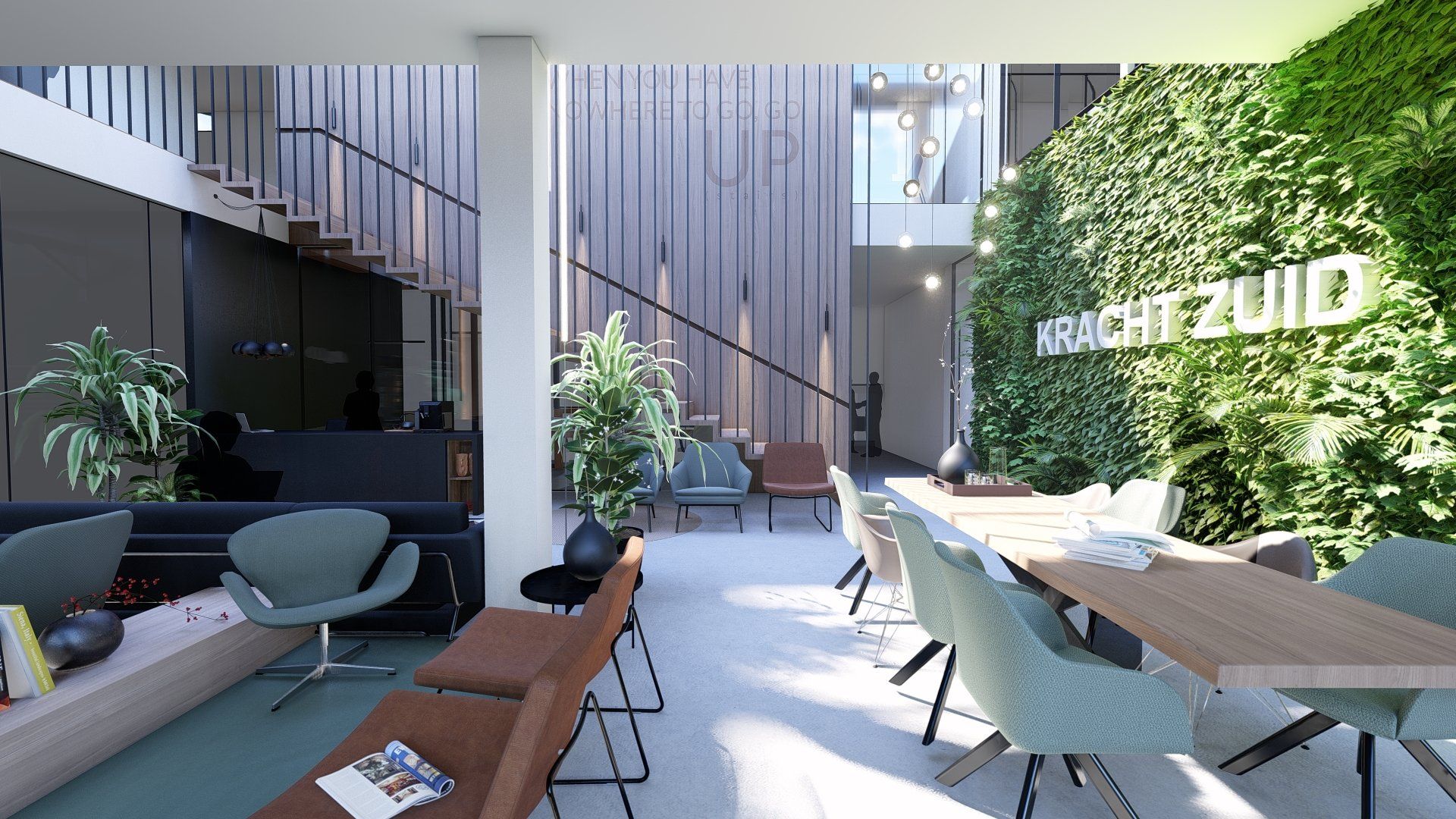 Een artist impression van een woonkamer en eetkamer