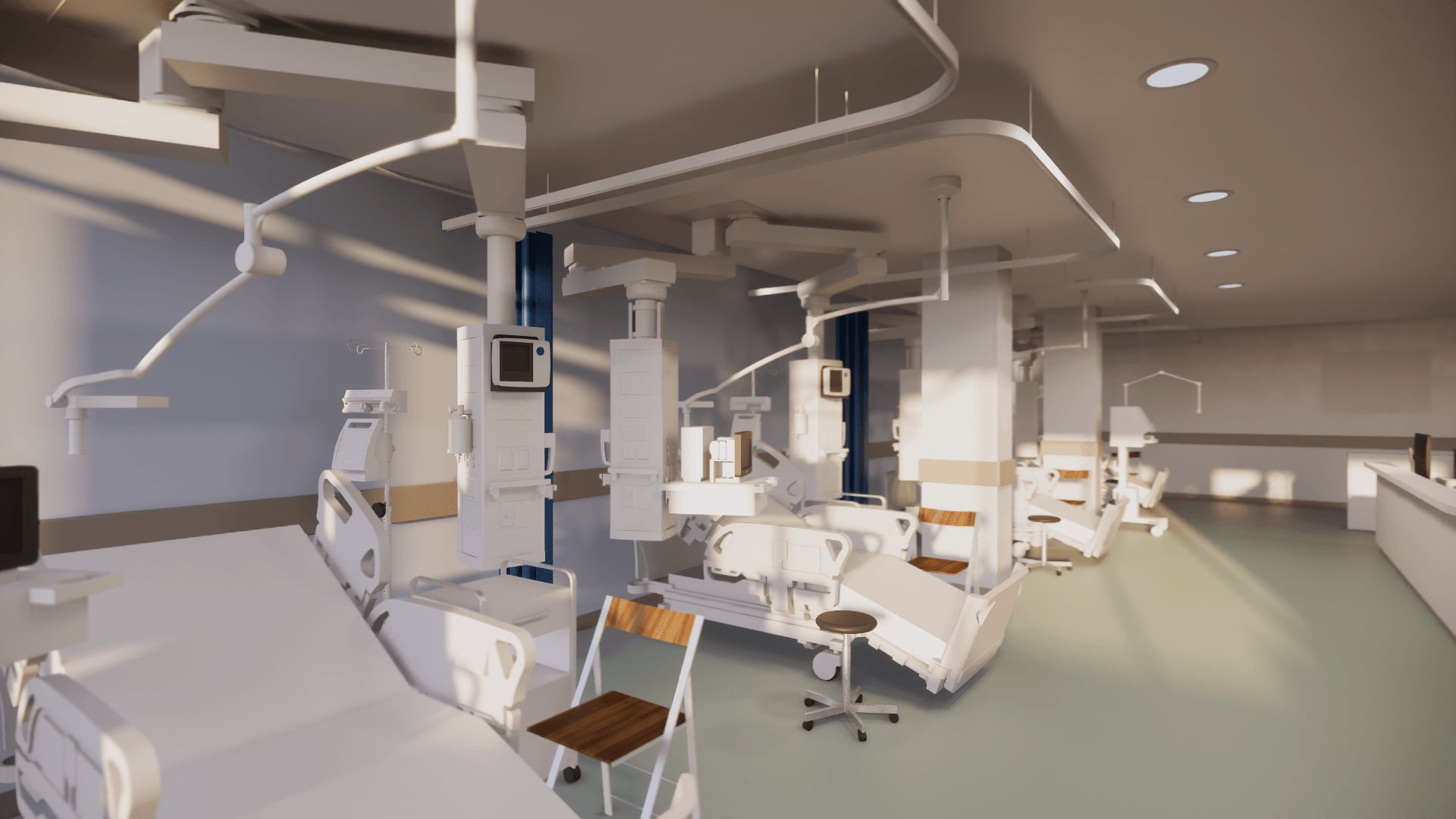 Een artist's impression van een ziekenhuiskamer met veel bedden en medische apparatuur.